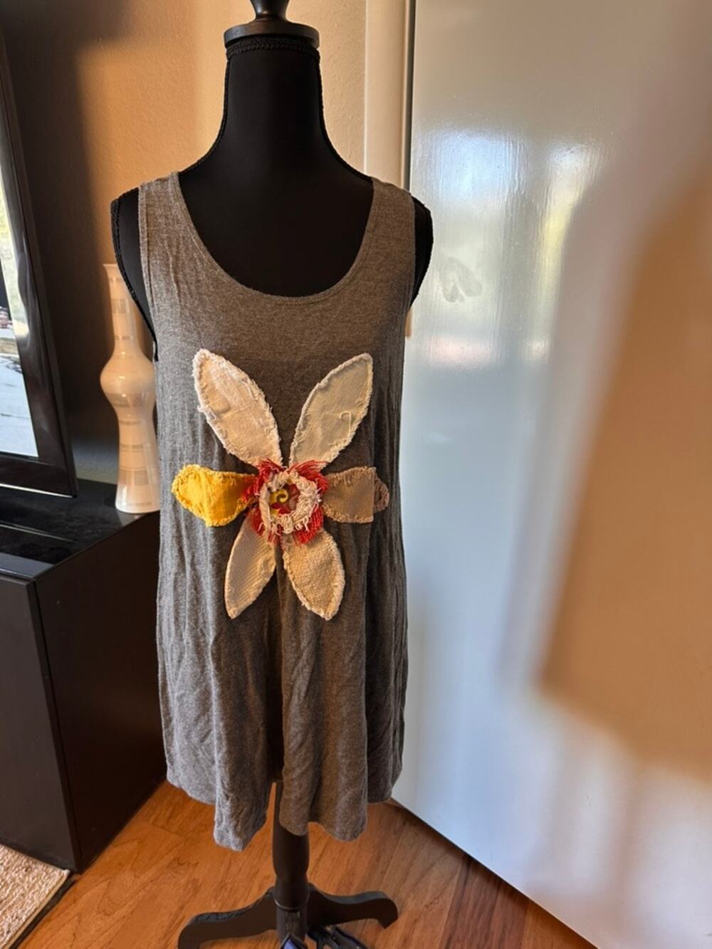 Boho Heather Grey Tank Dress with Artisanal 3D Floral Appliqué Raw Edge Flower